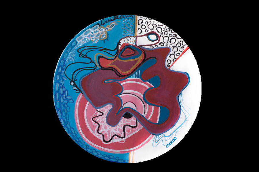 La noche está sobre nosotros (2018) de Ornella Ruiz Díaz, pintura circular en azules y bordó