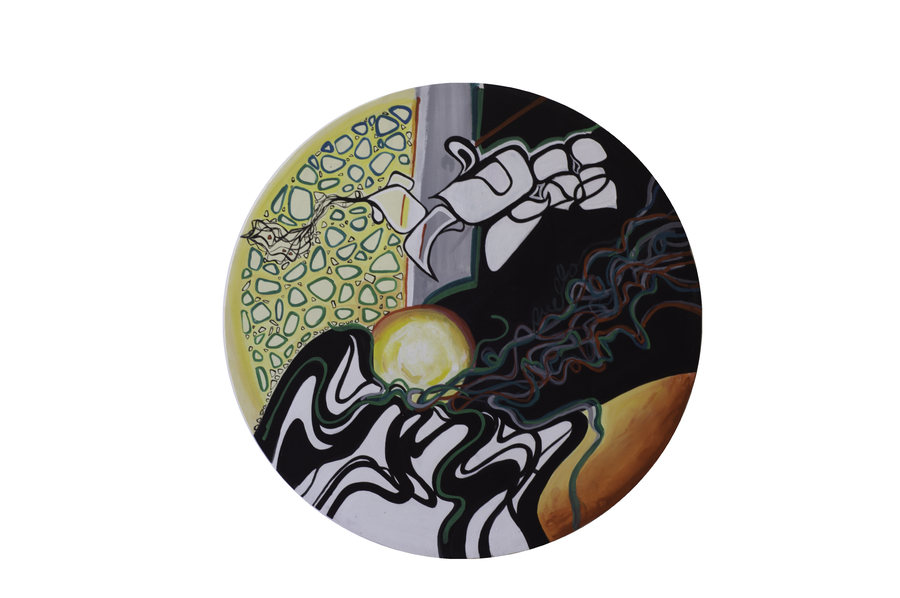 Lloré un río más (2018) de Ornella Ruiz Díaz, pintura circular en verdes, grises y negros