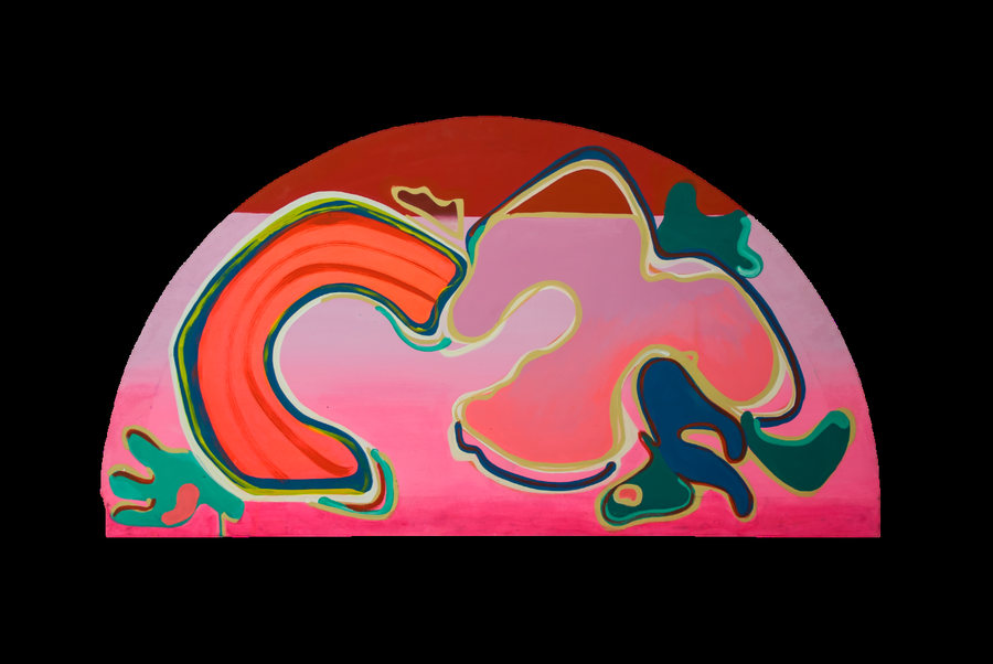 Milón de Crotona (2022) de Ornella Ruiz Díaz, pintura semicircular en rojos y rosas