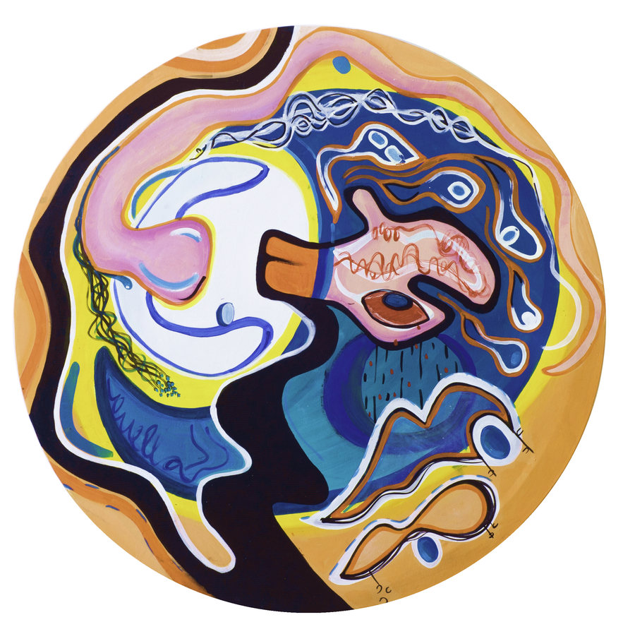 Noche en el motel (2019) de Ornella Ruiz Díaz, pintura circular en azules, ocres y rosas
