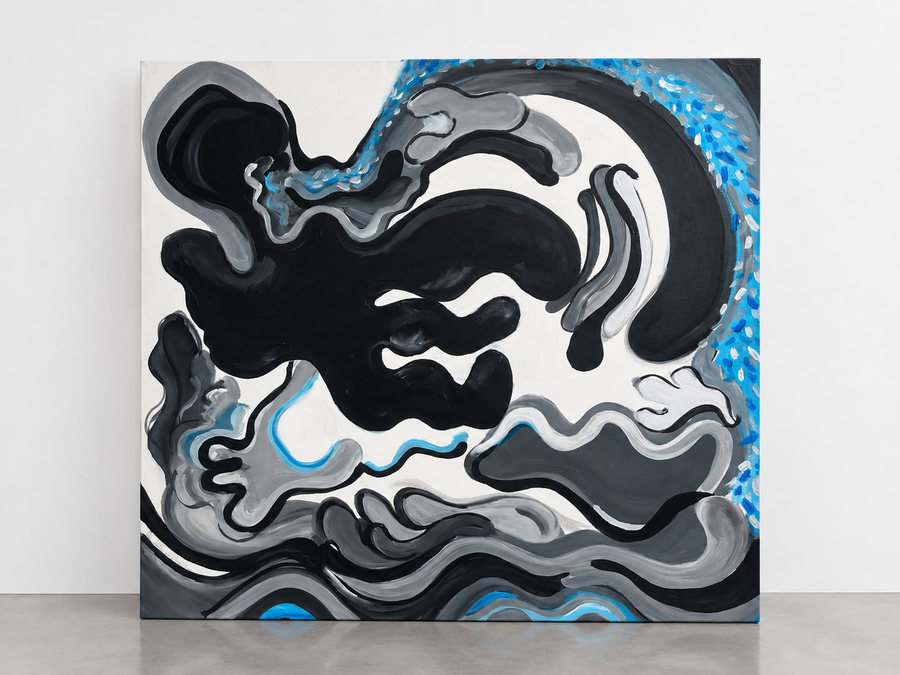 Ola de emergía al otro lado del charco (2026) de Ornella Ruiz Díaz, pintura en blanco, negro y azul, colección privada en Uruguay
