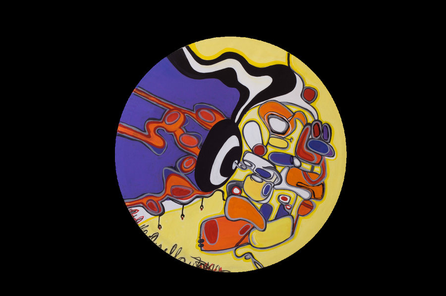 Portal para soñar con diamantes (2018) de Ornella Ruiz Díaz, pintura circular en amarillos y violetas