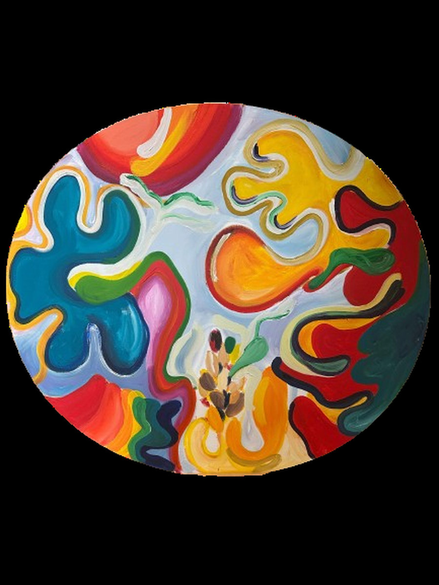 The Winning Horse (2025) de Ornella Ruiz Díaz, pintura oval realizada en vivo para Noor Royal Gallery en Dubái
