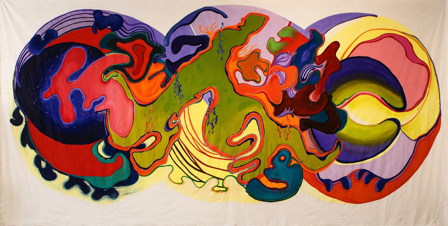 Abstract painting by Ornella Ruiz Díaz: organic colour forms on raw unstretched canvas, horizontal format